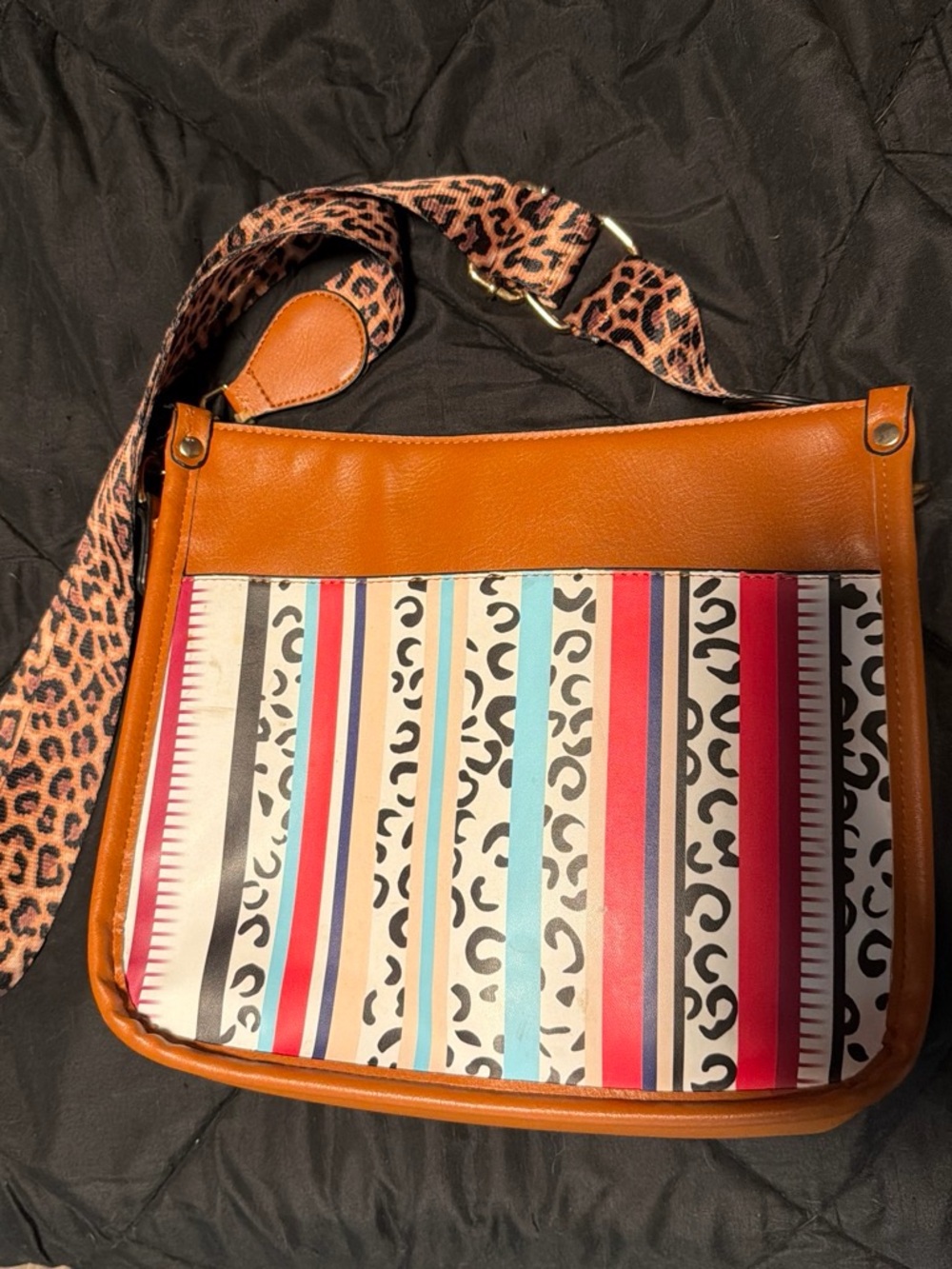 Stylish Multicolor Stripe & Leopard Strap Shoulder Bag - Tan